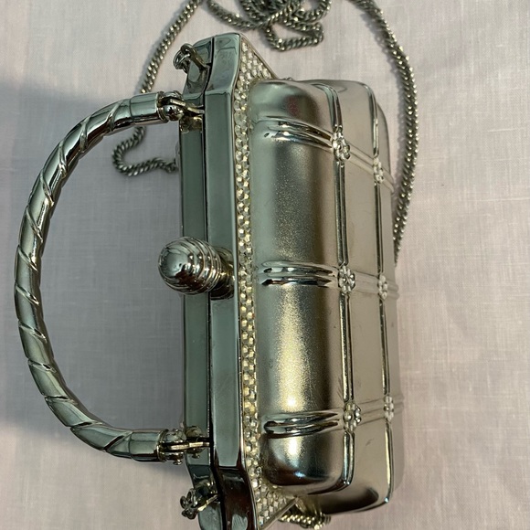 Hard Case Evening Crossbody/Bag W/ Rhinestones. Silver Metallic W/ 2 Options - Picture 6 of 10